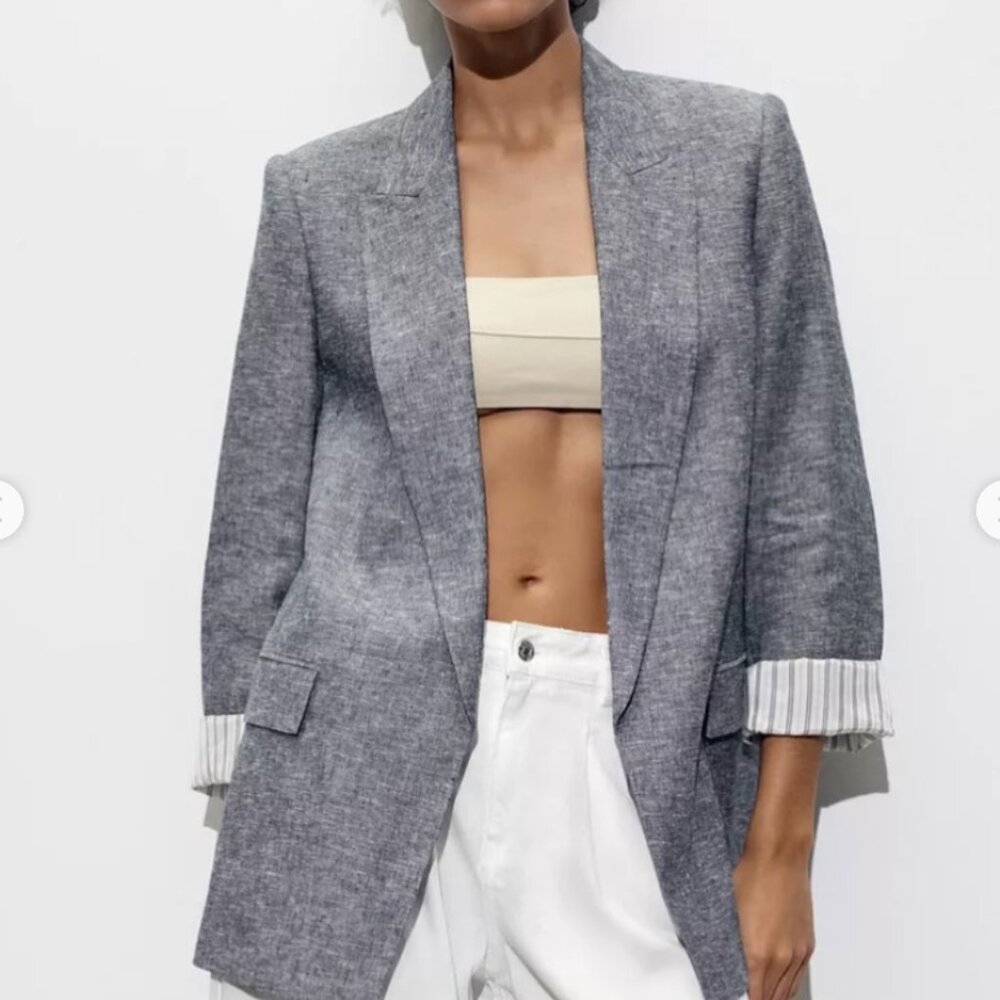 Zara Heather Gray Open-Front Blazer with Striped Cuffs